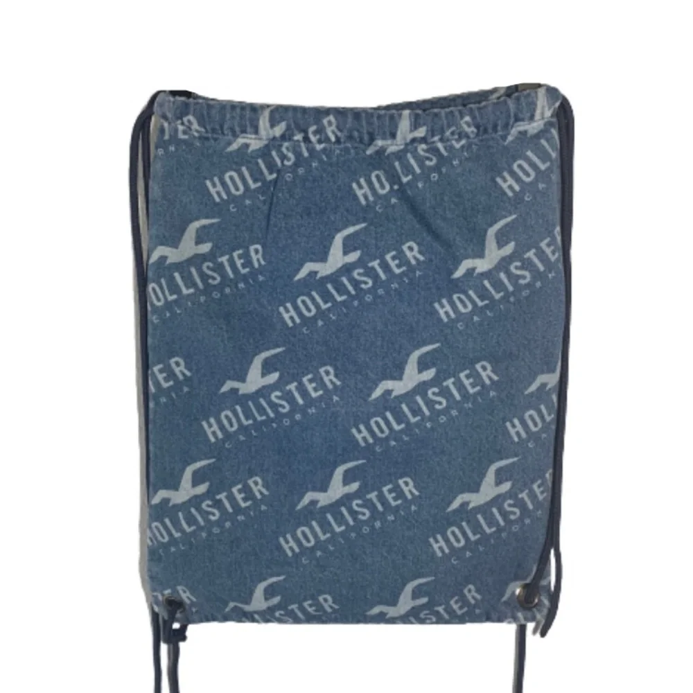 Hollister Denim Print Seagull Logo Drawstring Backpack Bag - Y2K Beach Cinch